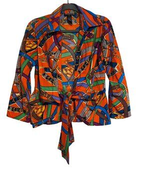 Mishca Women's M Multicolor Tie-Front Blouse Cardigan Vibrant Bohemian Artsy